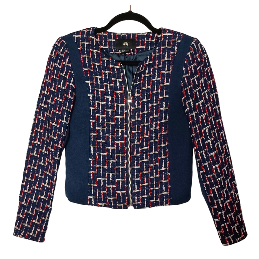 H&M Red Navy Blue Tweed Zipper Front Long Sleeve Print Jacket 2 (X-Small)